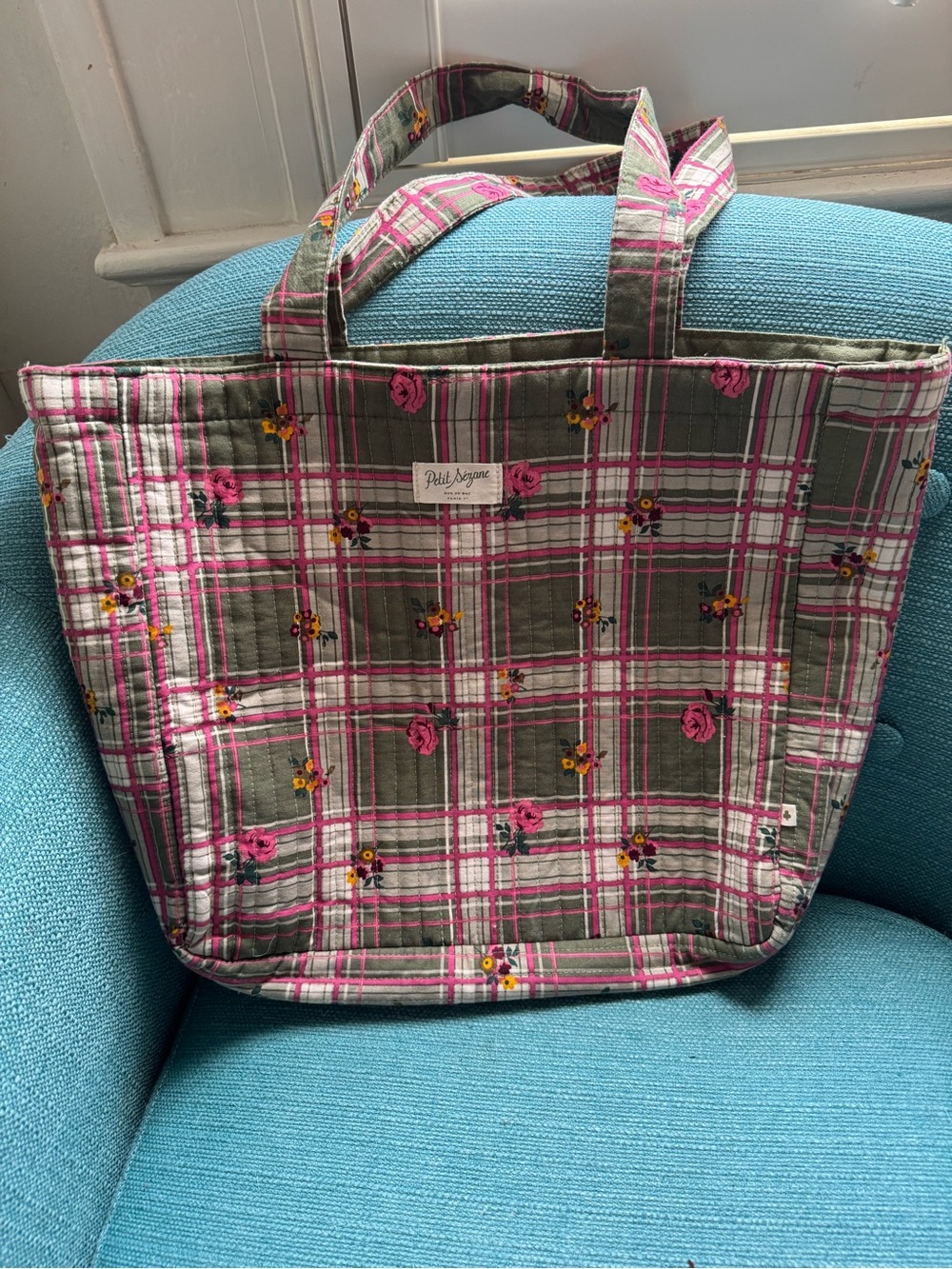 Sezane Quilted Olive Plaid Tote with Pink Floral Accents